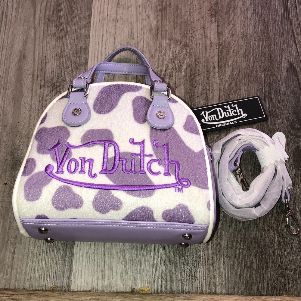 Von Dutch Purple & White Cow Print Vegan Pony Hair Bowling Bag + Strap NWT